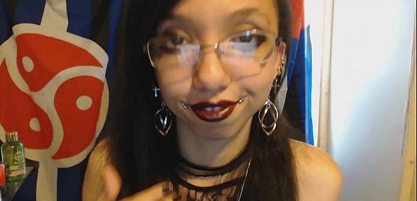  Young Goth Puts on Dark Red Lipstick and Plays with Huge Puffy Nipples